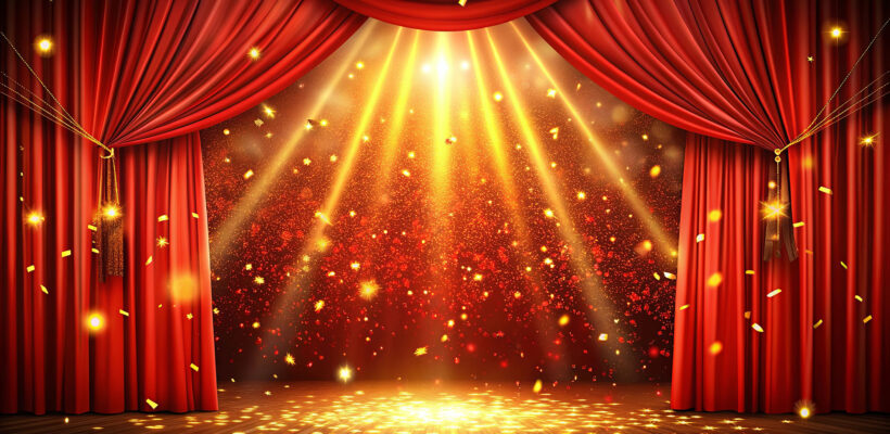 Red stage curtain in theatre background illuminated by bright li